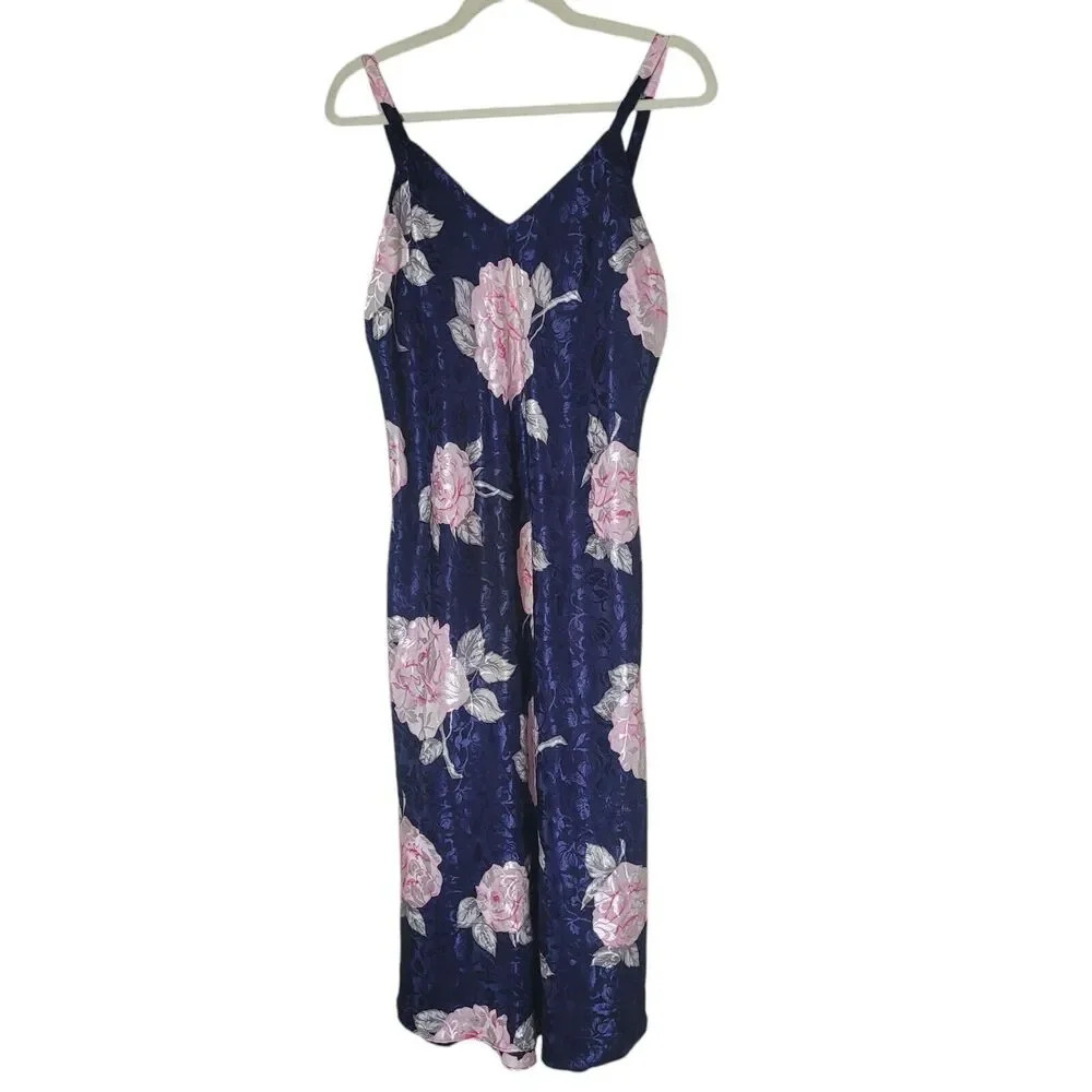 Vintage Kathryn Jacquard Slip Dress Blue Women's Size‎ Large Floral 90s Y2K Sexy